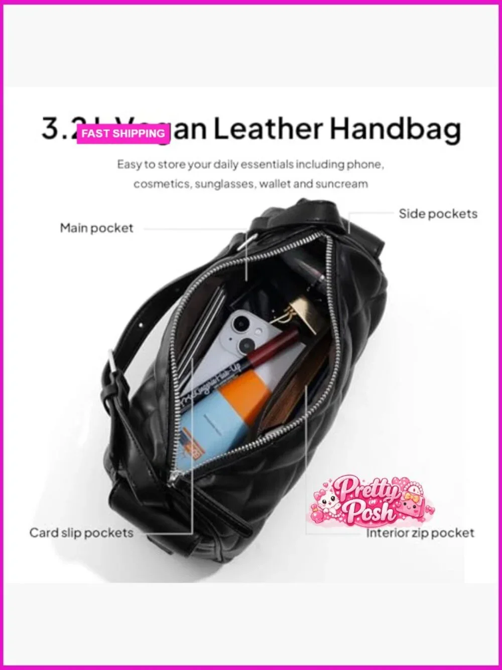Vegan Leather Quilted Hobo Crossbody Bag With Adjustable Strap